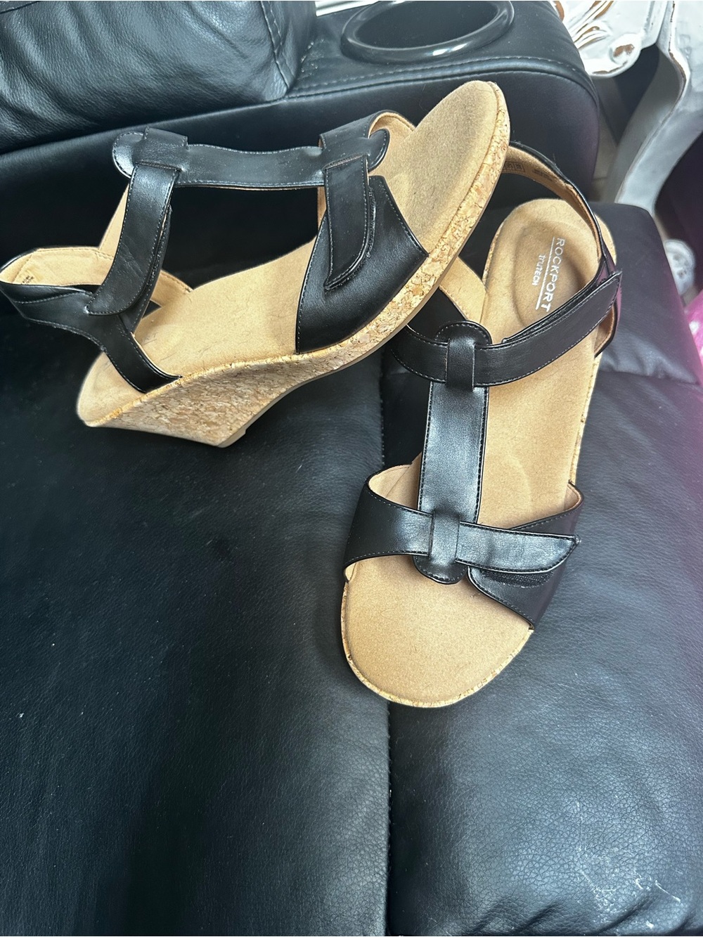 Rockport Black Leather T-Strap Cork-Style Wedge Sandals